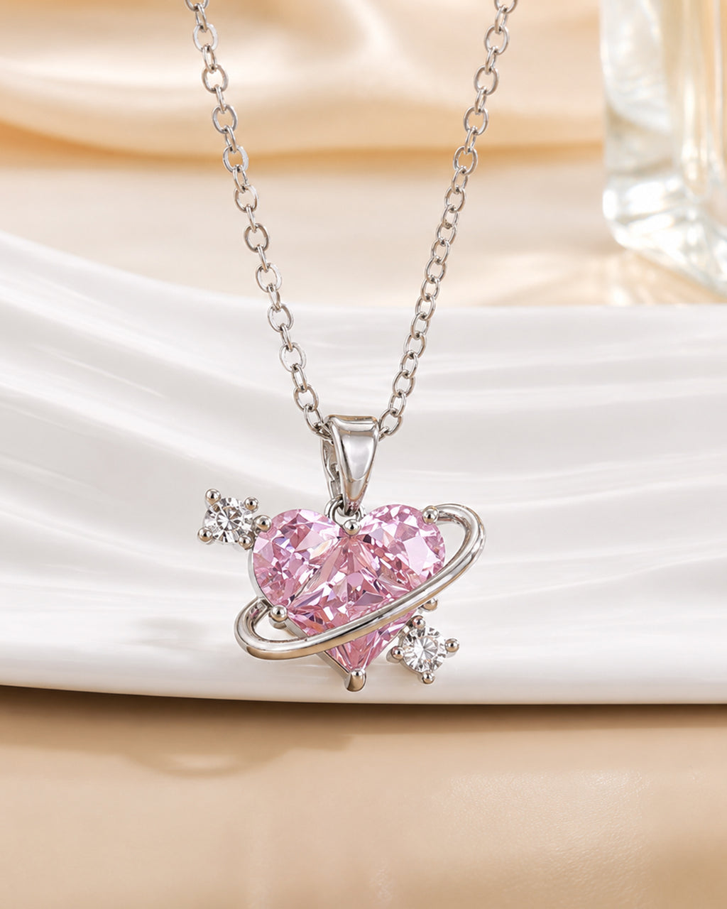 Pink Heart Orbit Pendant Necklace – Silver Finish