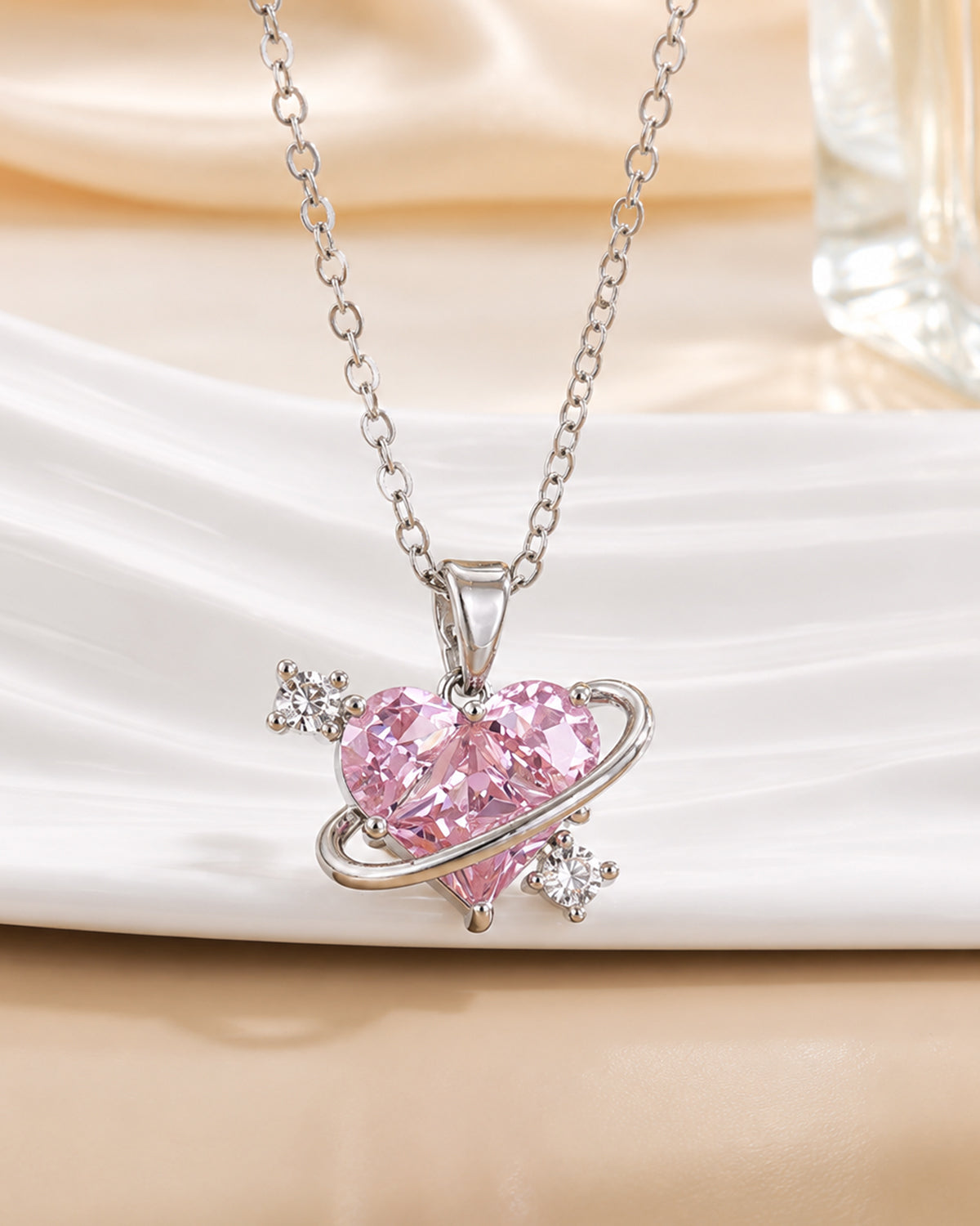 Pink Heart Orbit Pendant Necklace – Silver Finish