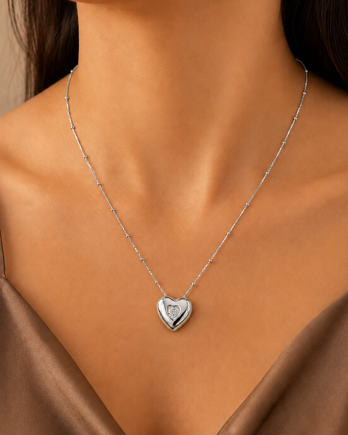 Floating Heart Pendant Necklace – Silver Tone