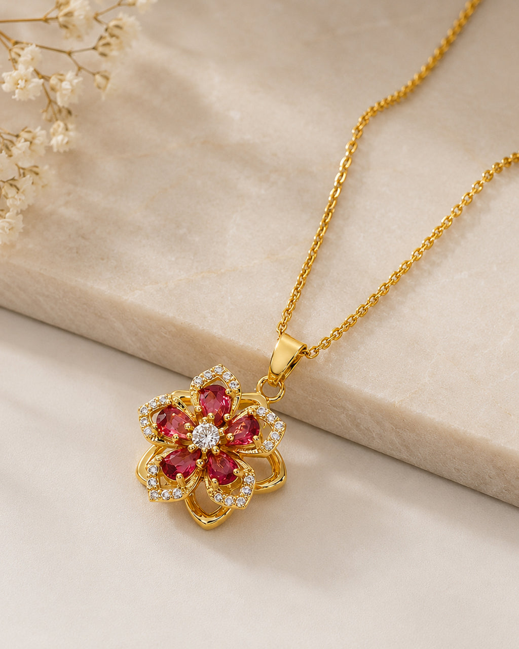 Ruby Bloom Floral Pendant Necklace