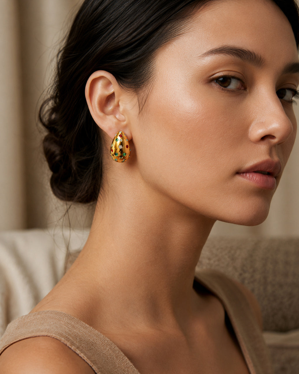 Multicolor Crystal Gold Teardrop Stud Earrings