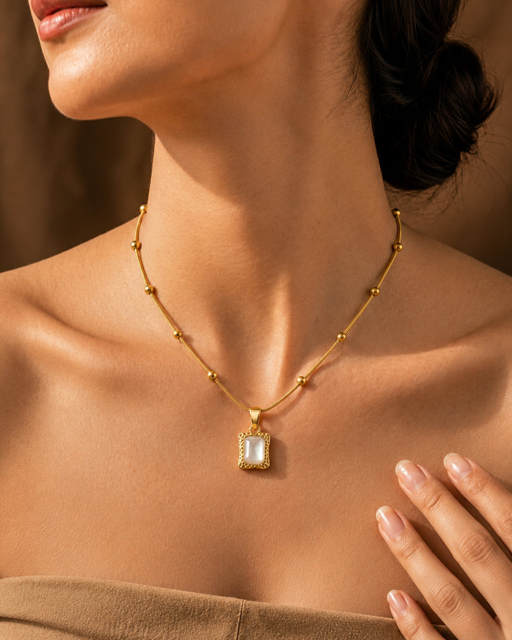 White Cat's Eye Rectangle Pendant Necklace