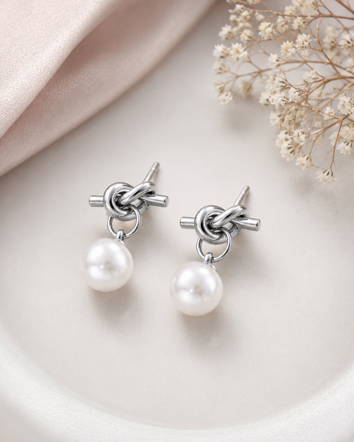Silver Knot Pearl Drop Stud Earrings
