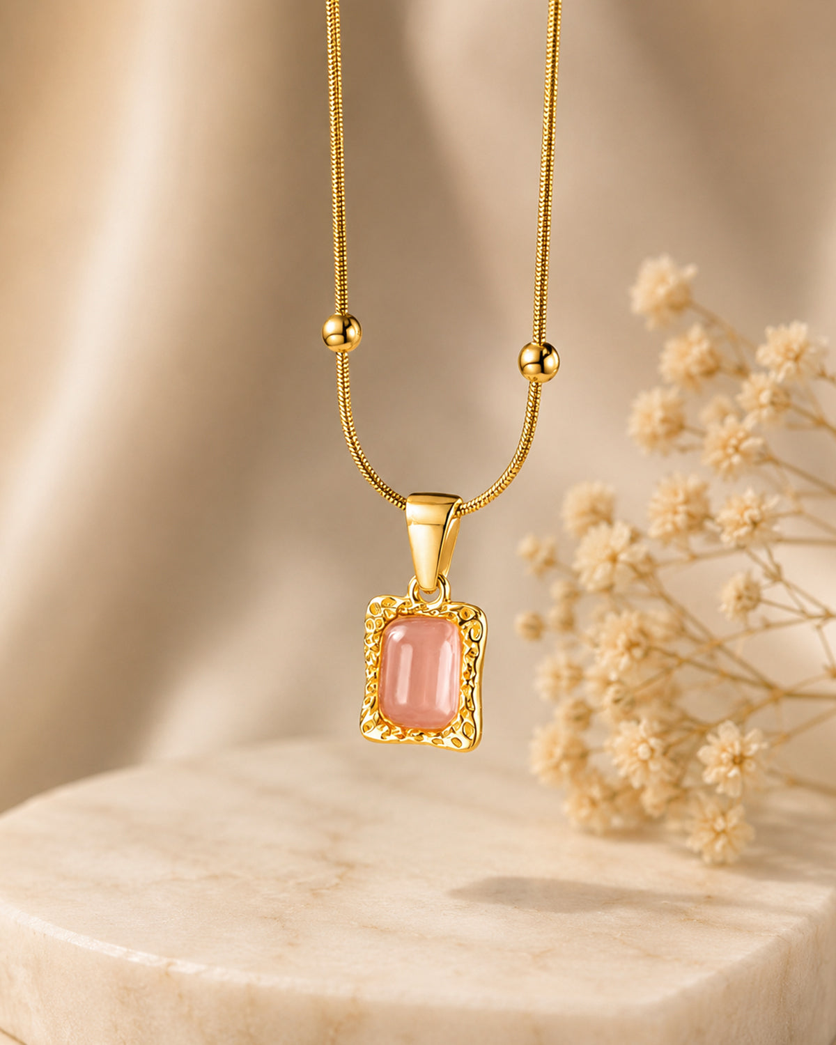 Pink Cat's Eye Rectangle Pendant Necklace