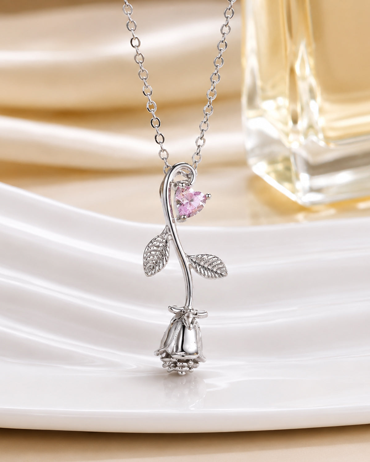 Pink Rose Blossom Pendant Necklace – Silver Finish