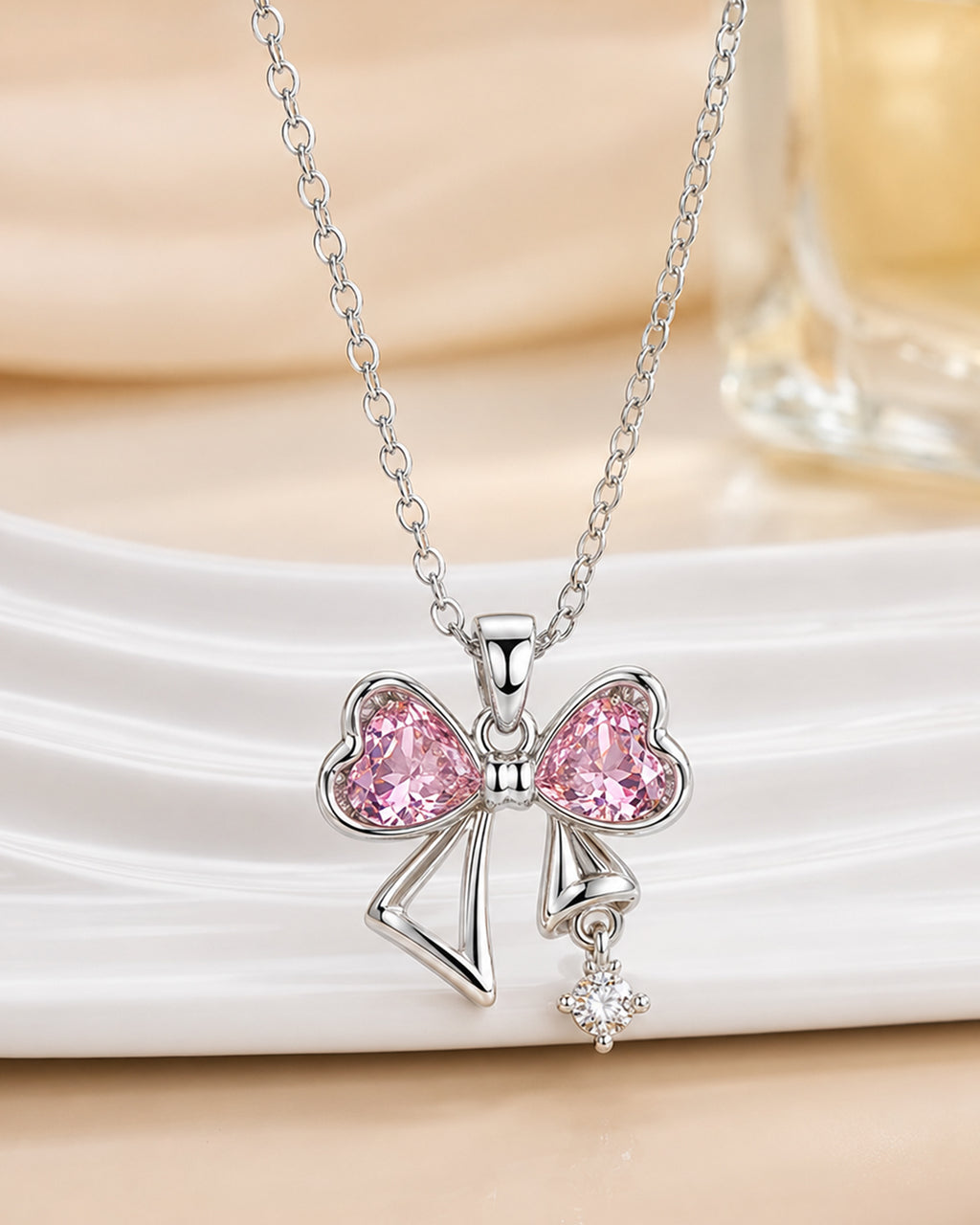 Pink Heart Bow Pendant Necklace – Silver Finish