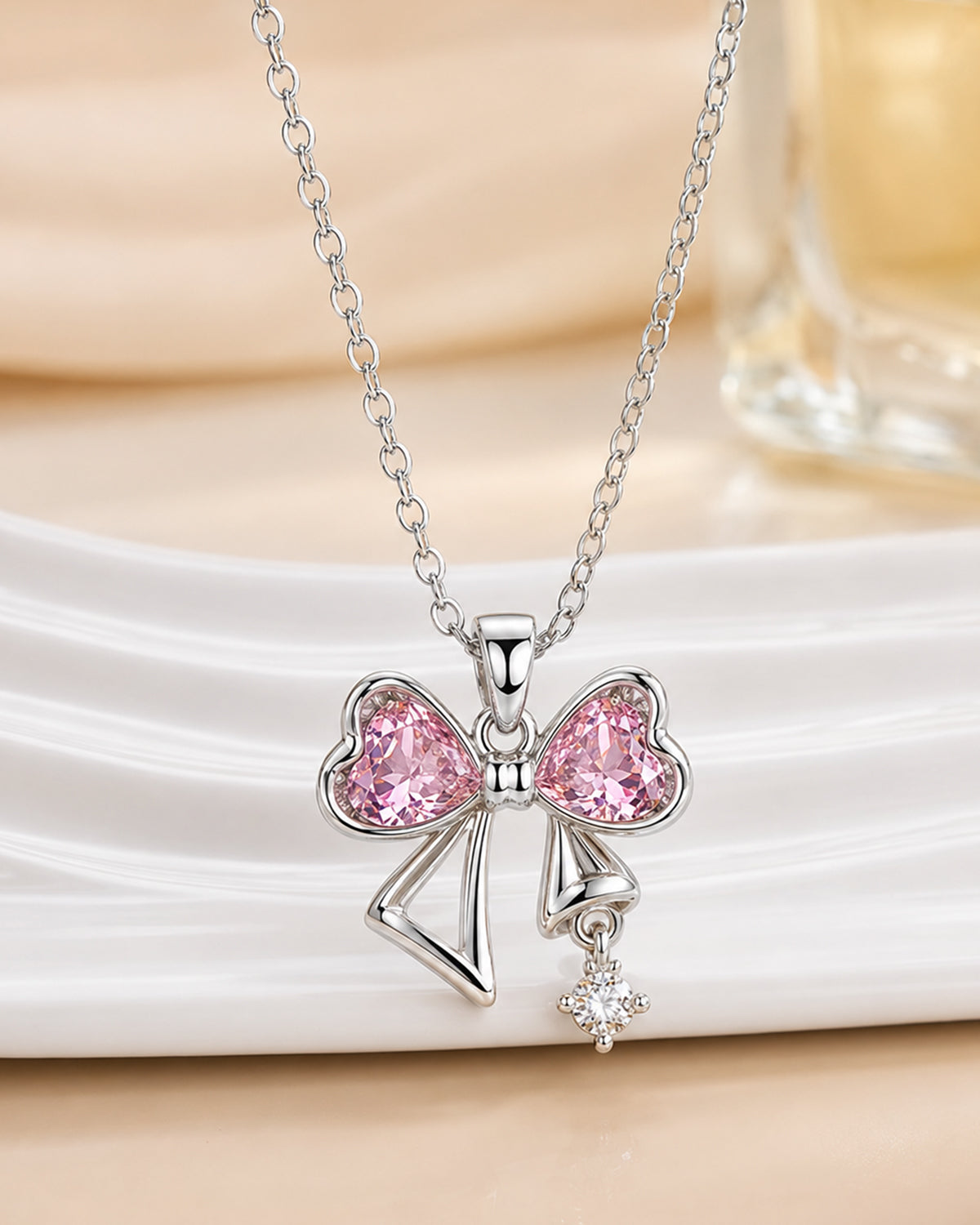 Pink Heart Bow Pendant Necklace – Silver Finish