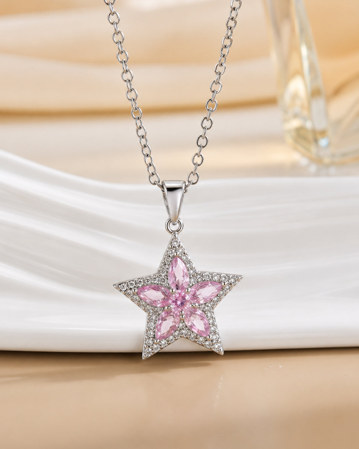 Pink Crystal Star Pendant Necklace – Silver Finish