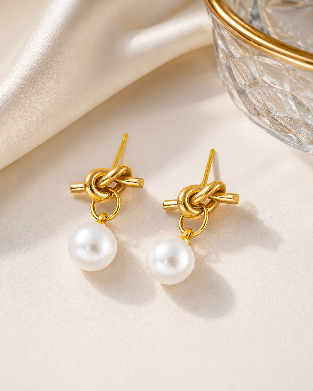 Gold Knot Pearl Drop Stud Earrings