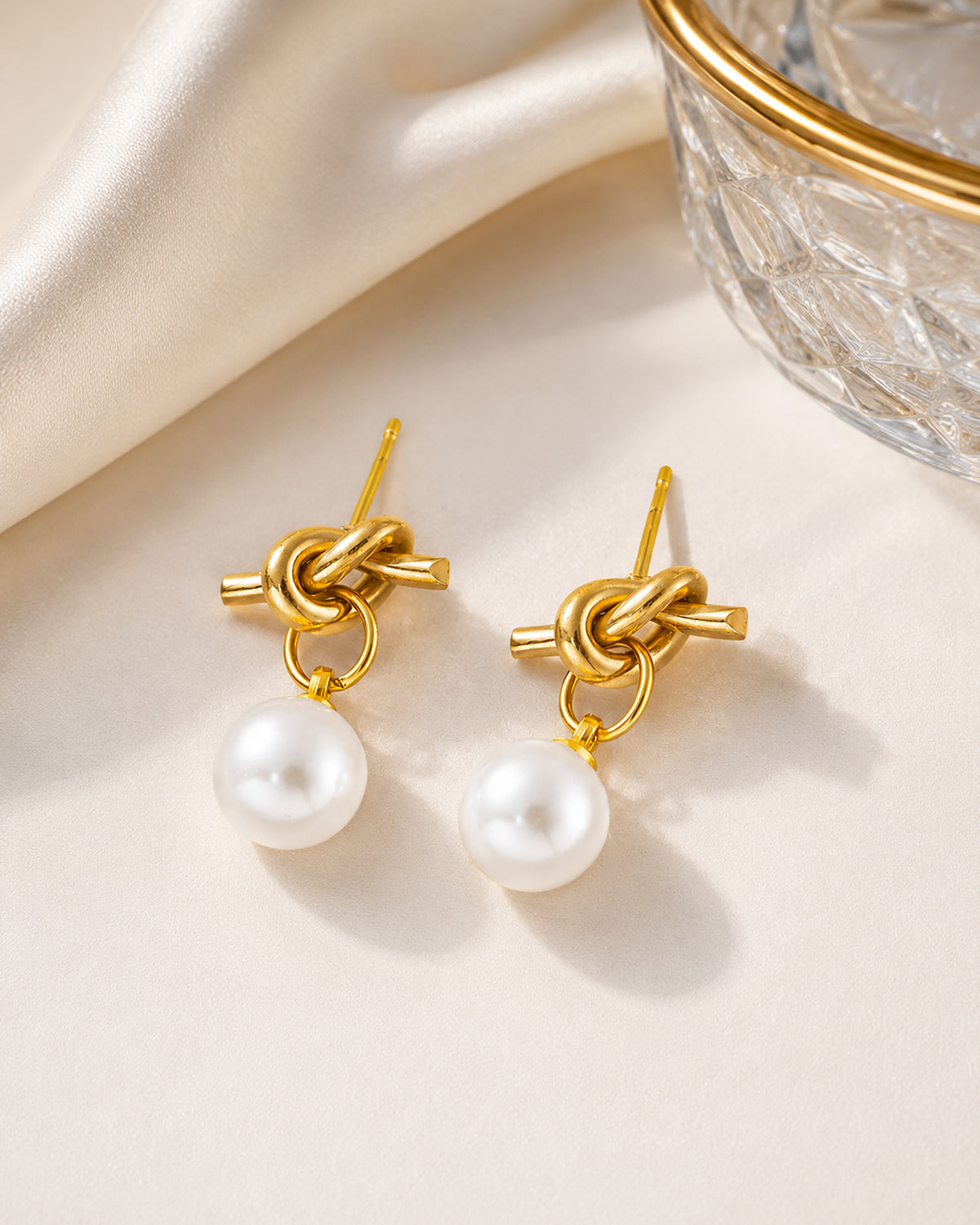 Gold Knot Pearl Drop Stud Earrings