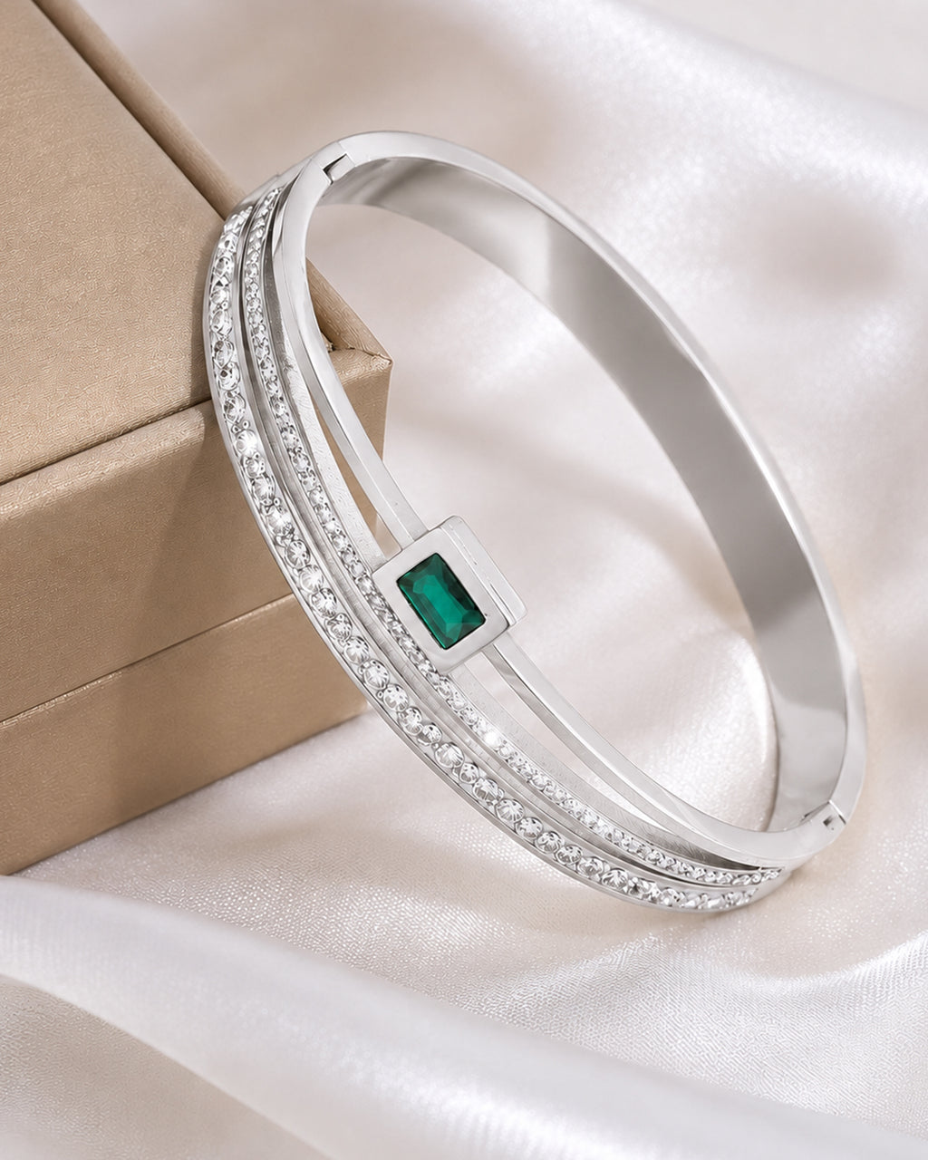 Emerald Accent Open Cuff Bracelet – Silver Tone