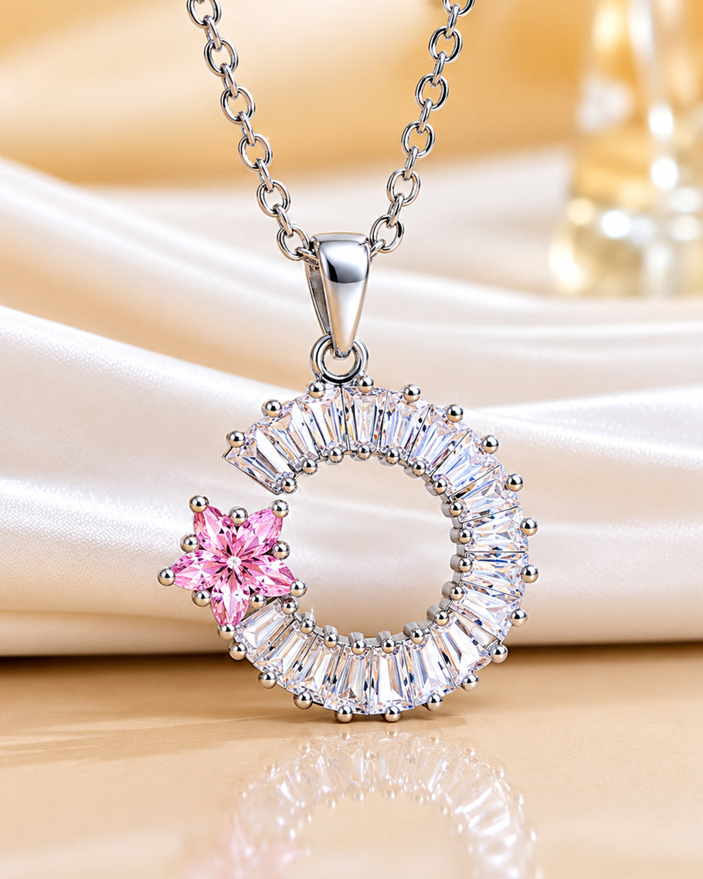 Pink Floral Halo Circle Pendant Necklace – Silver Finish