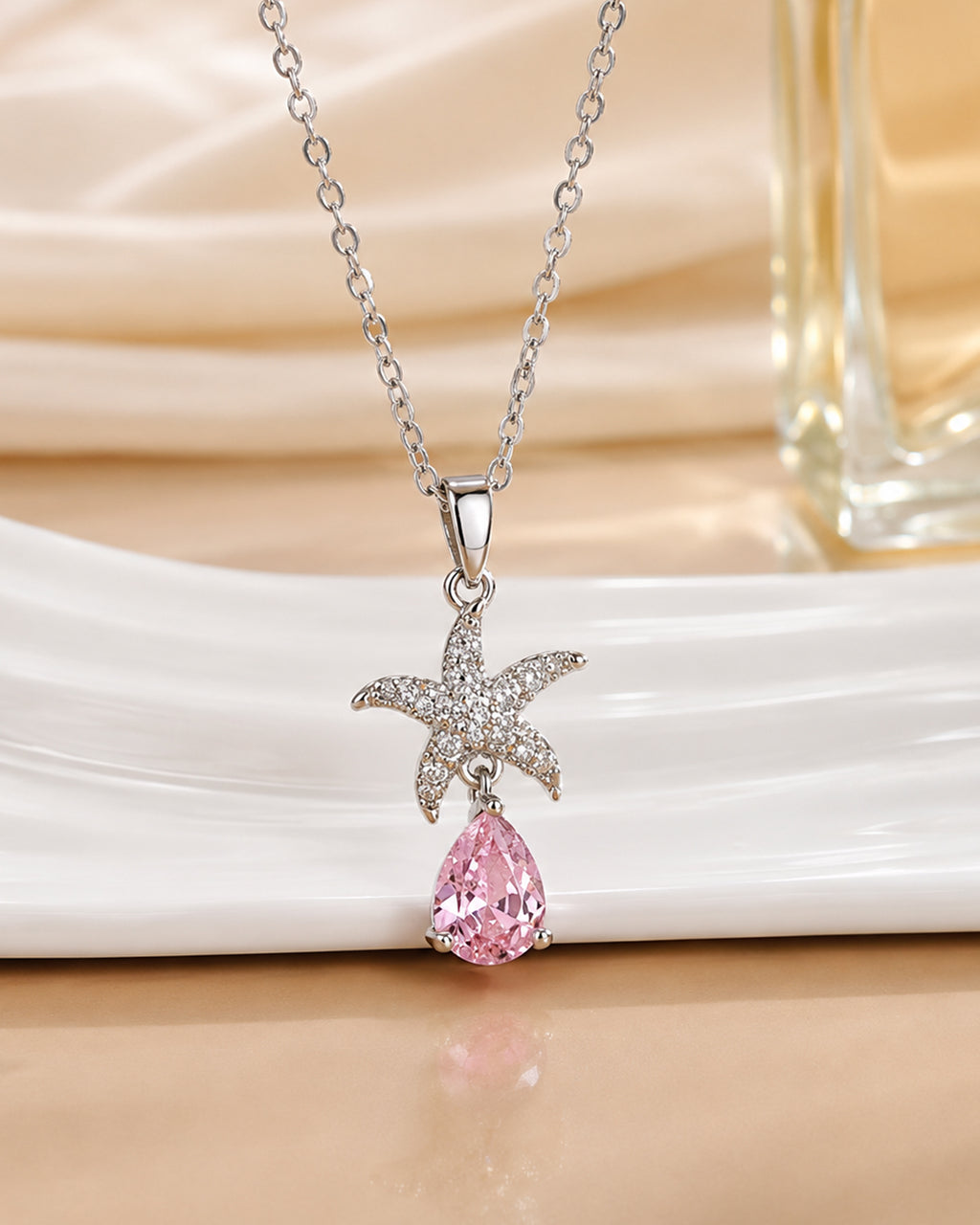 Pink Crystal Starfish Drop Pendant Necklace – Silver Finish