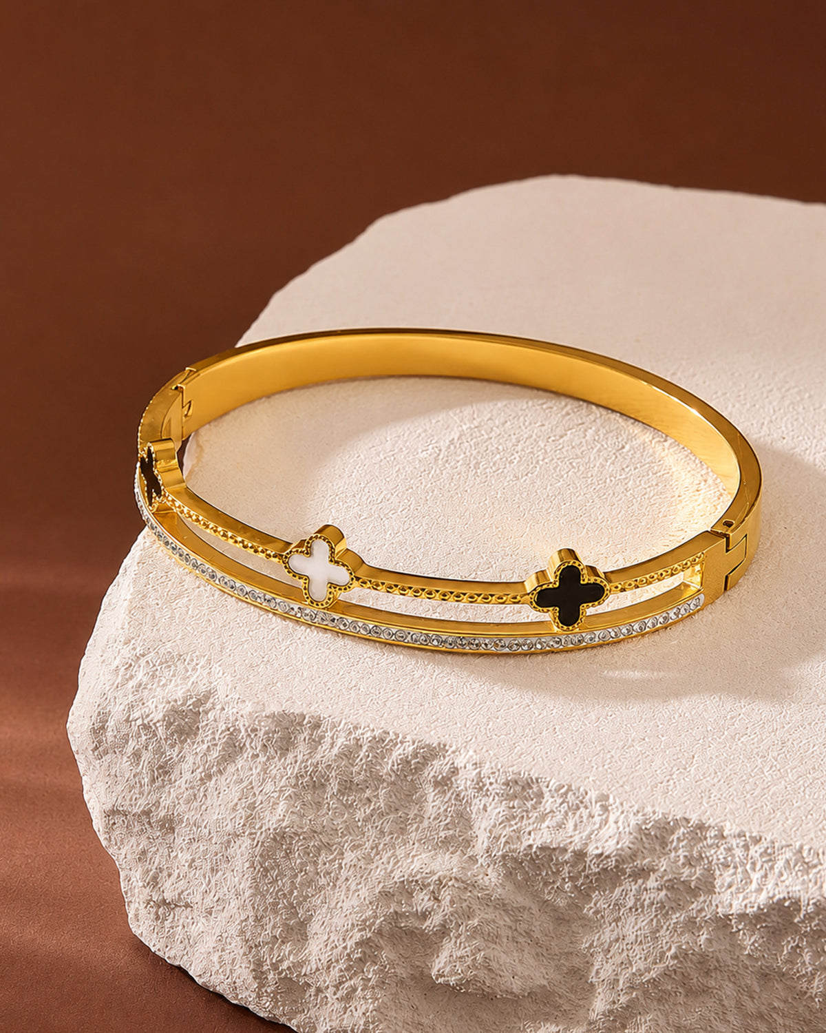 Gold Clover Cuff Bracelet with Crystal Accents