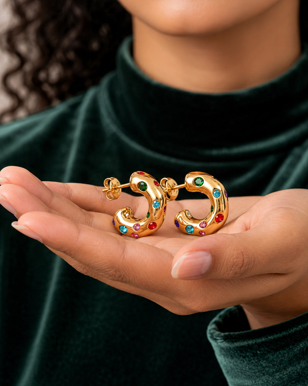 Multicolor Crystal Gold Hoop Earrings