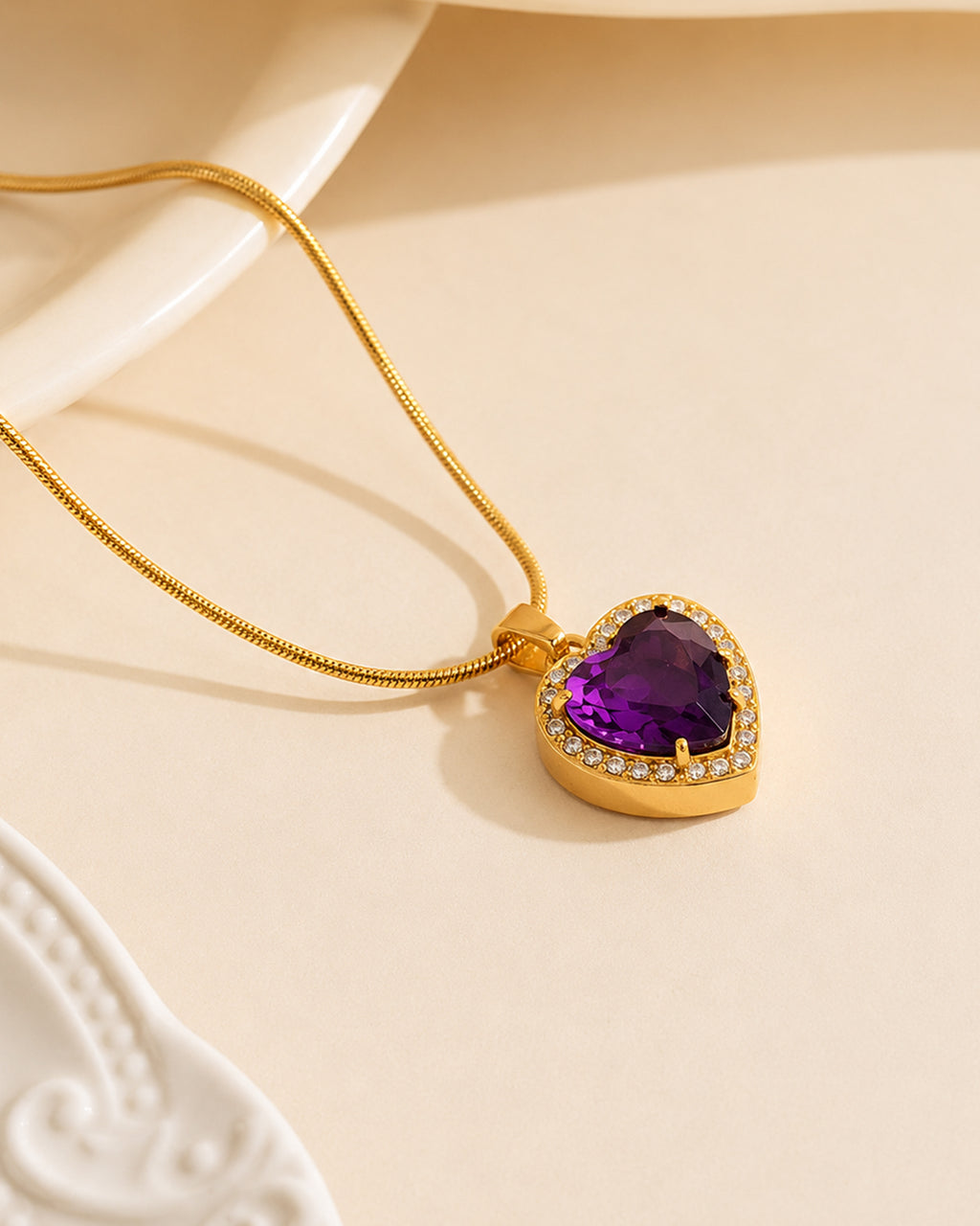 Heart Halo Pendant Necklace with Purple Centre Stone