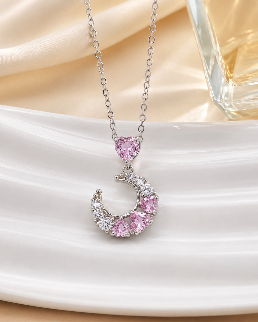 Pink Heart & Crescent Pendant Necklace – Silver Finish