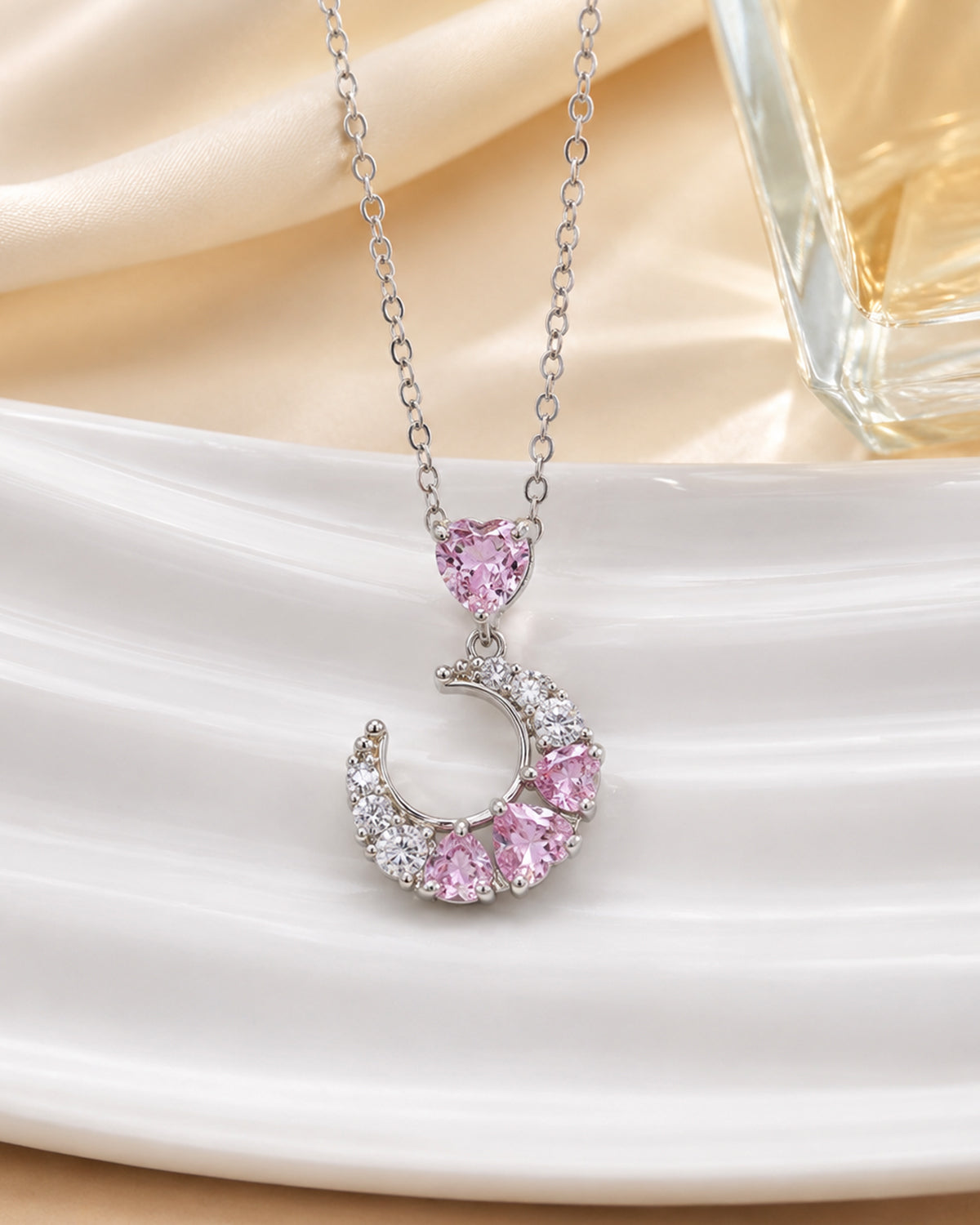 Pink Heart & Crescent Pendant Necklace – Silver Finish