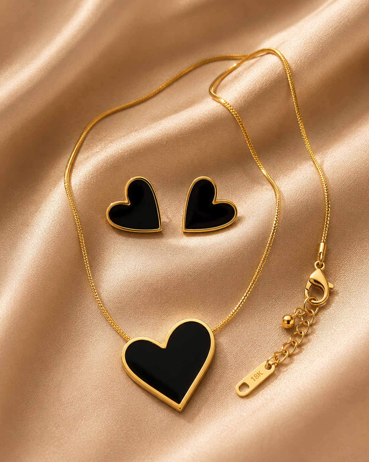 Black Heart Necklace & Stud Earrings Jewelry Set