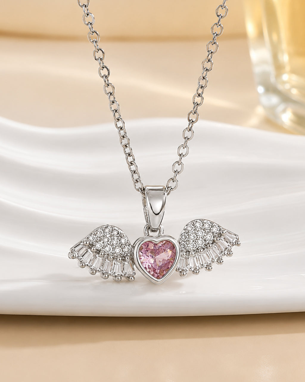 Angel Wings Heart Pendant Necklace – Silver Finish