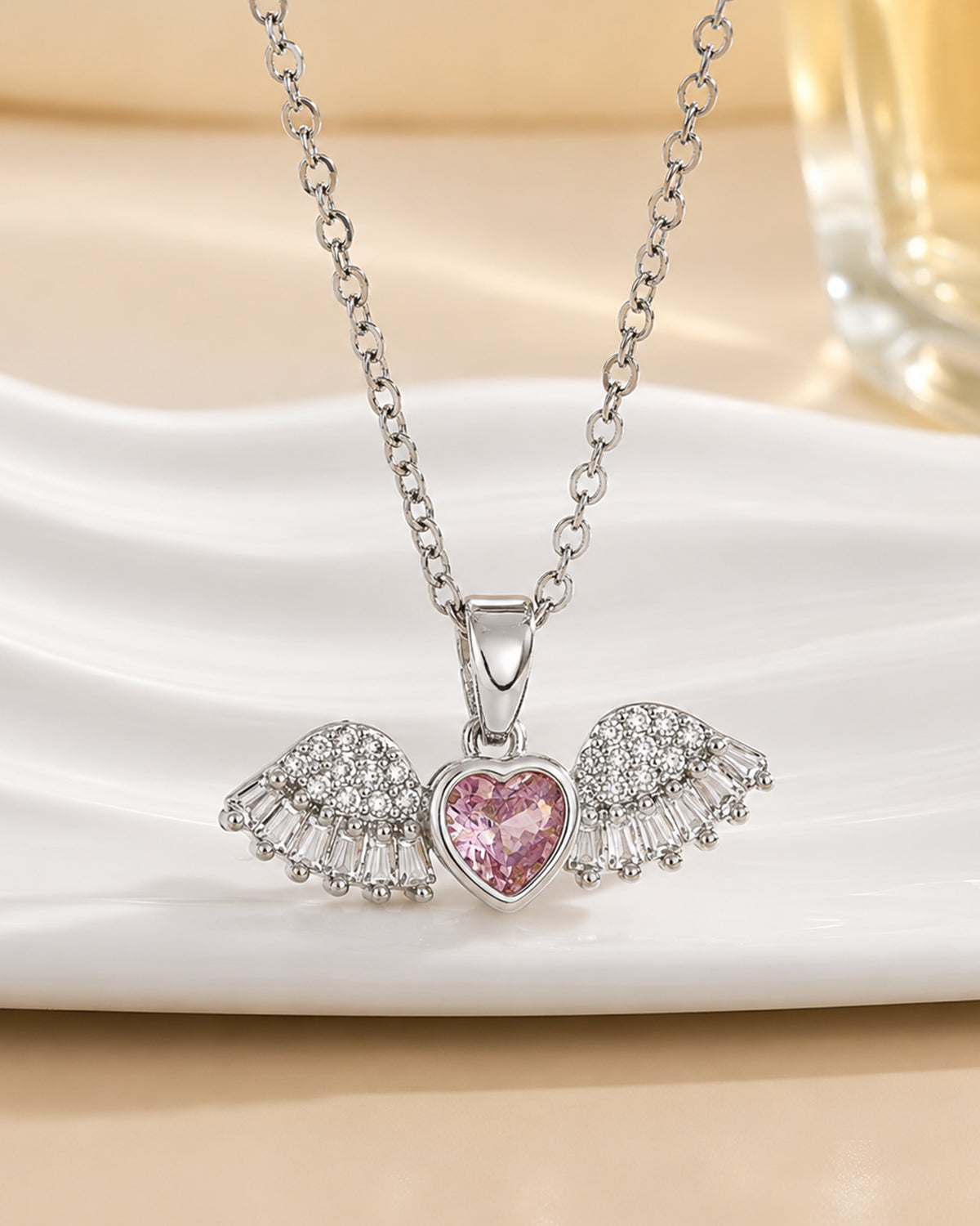 Angel Wings Heart Pendant Necklace – Silver Finish