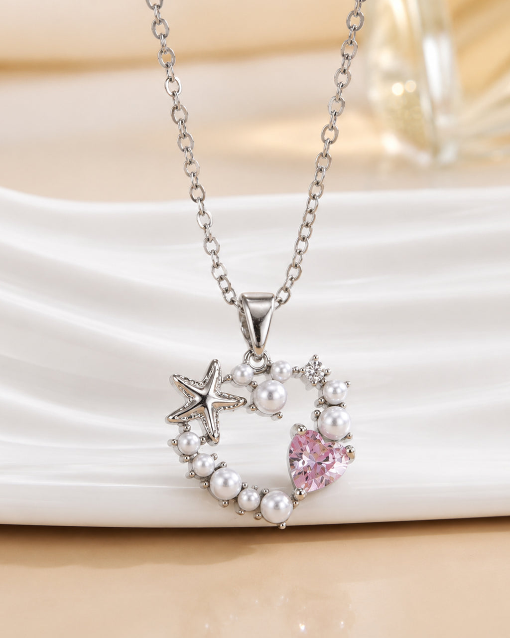 Ocean Pearl Heart Pendant Necklace – Silver Finish