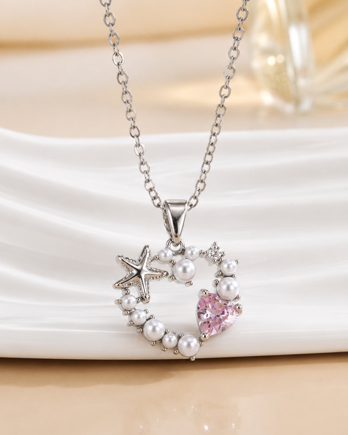 Ocean Pearl Heart Pendant Necklace – Silver Finish