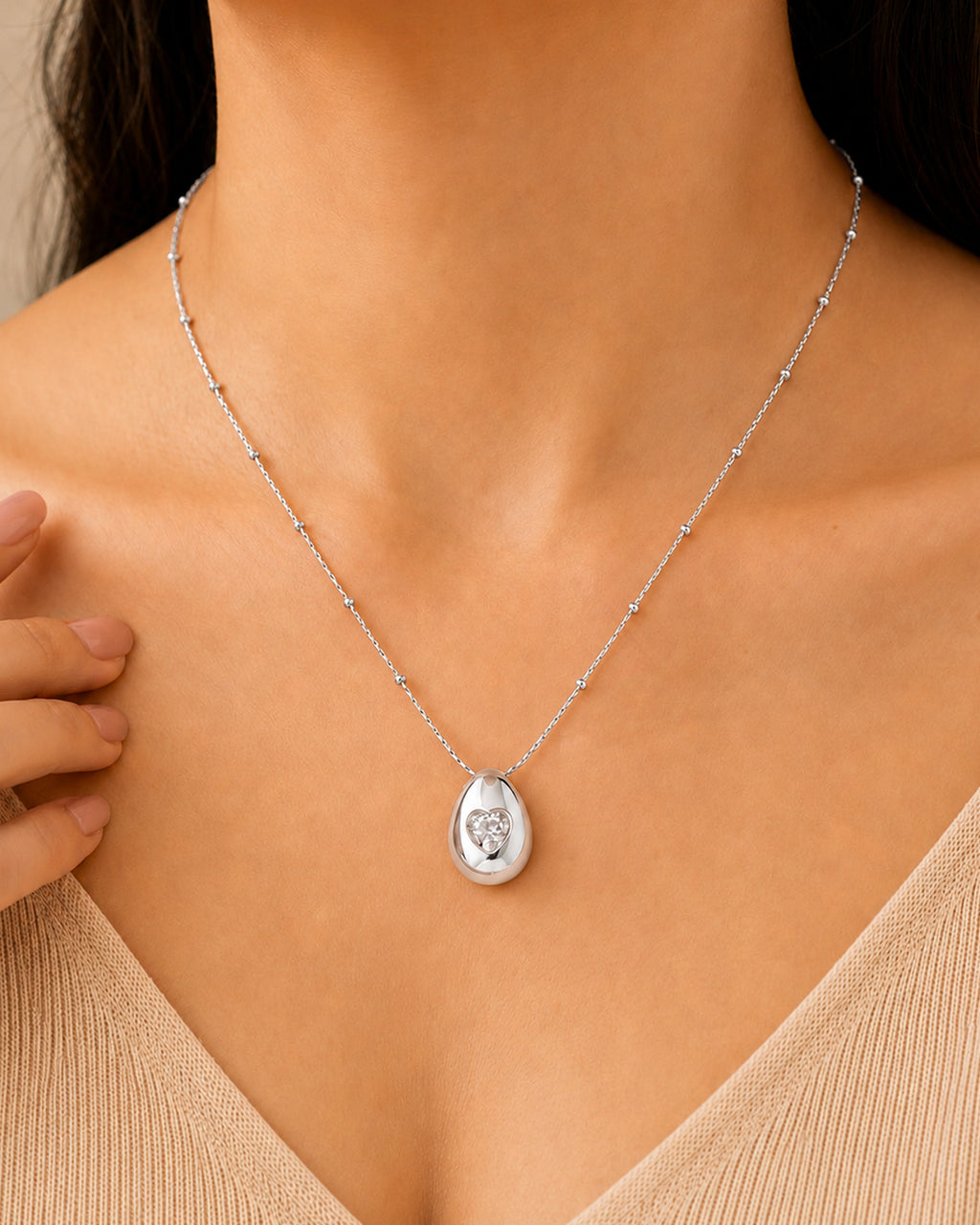 Heart Accent Teardrop Pendant Necklace – Silver Tone