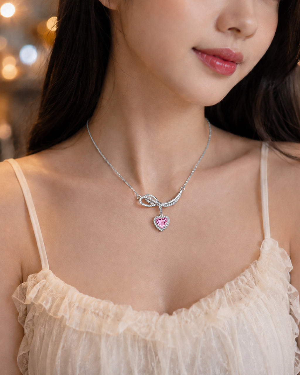 Silver Pink Heart Bow Pendant Necklace