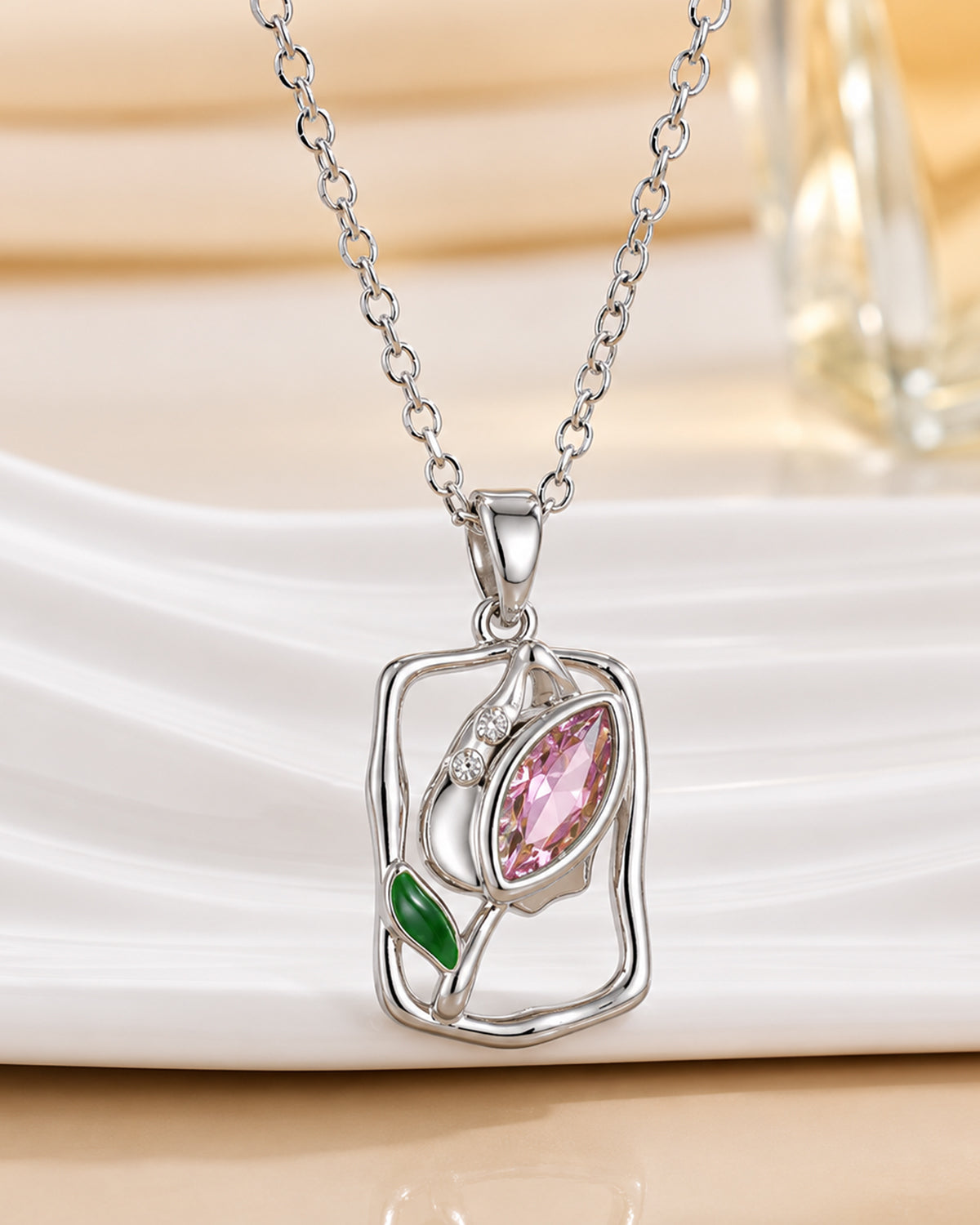 Abstract Pink Floral Frame Pendant Necklace – Silver Finish