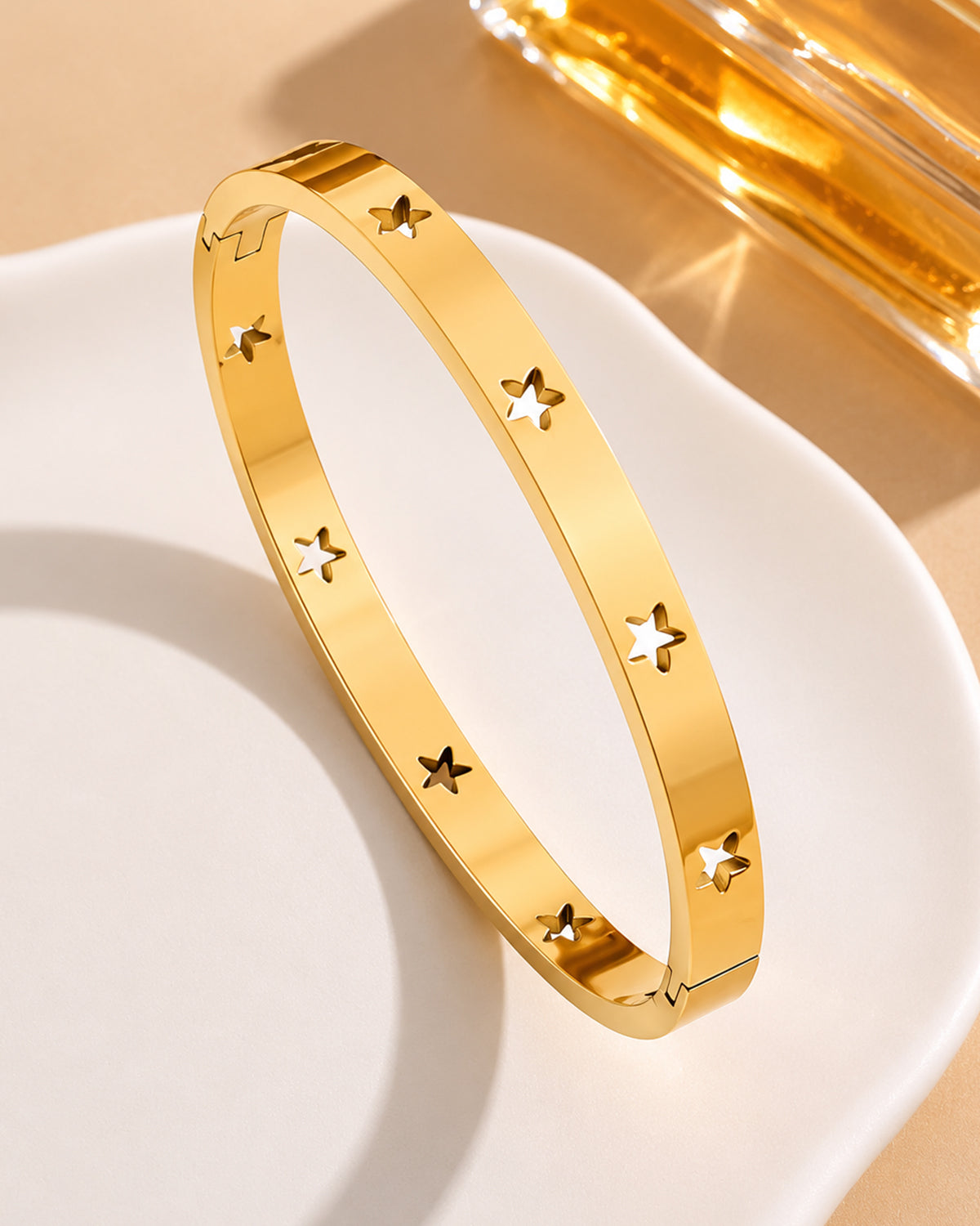 Gold Star Engraved Cuff Bangle Bracelet