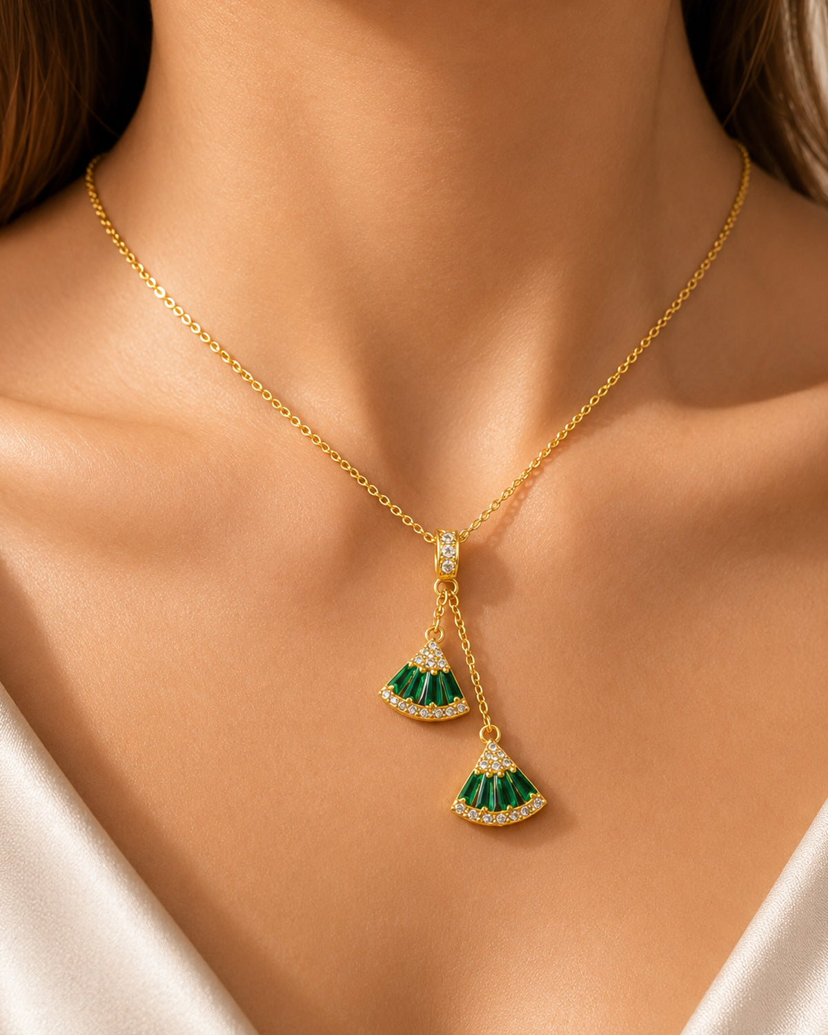 Emerald Fan Drop Pendant Necklace