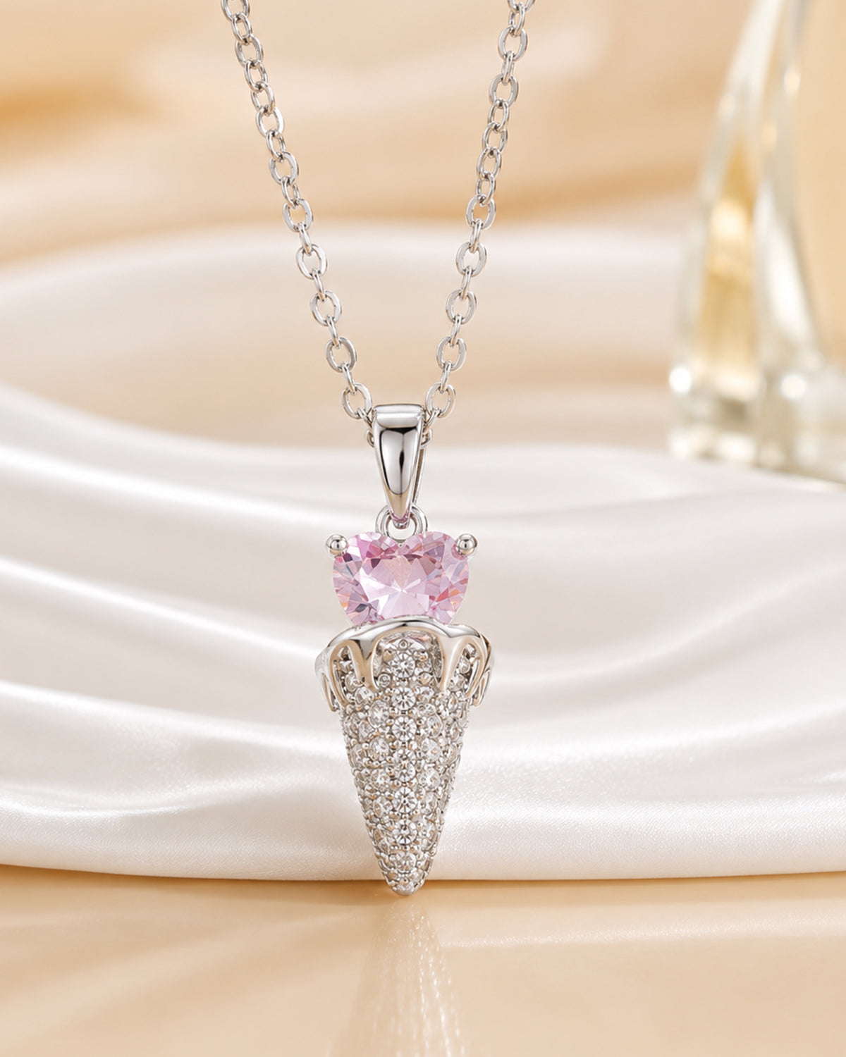 Pink Heart Ice Cream Cone Pendant Necklace – Silver Finish
