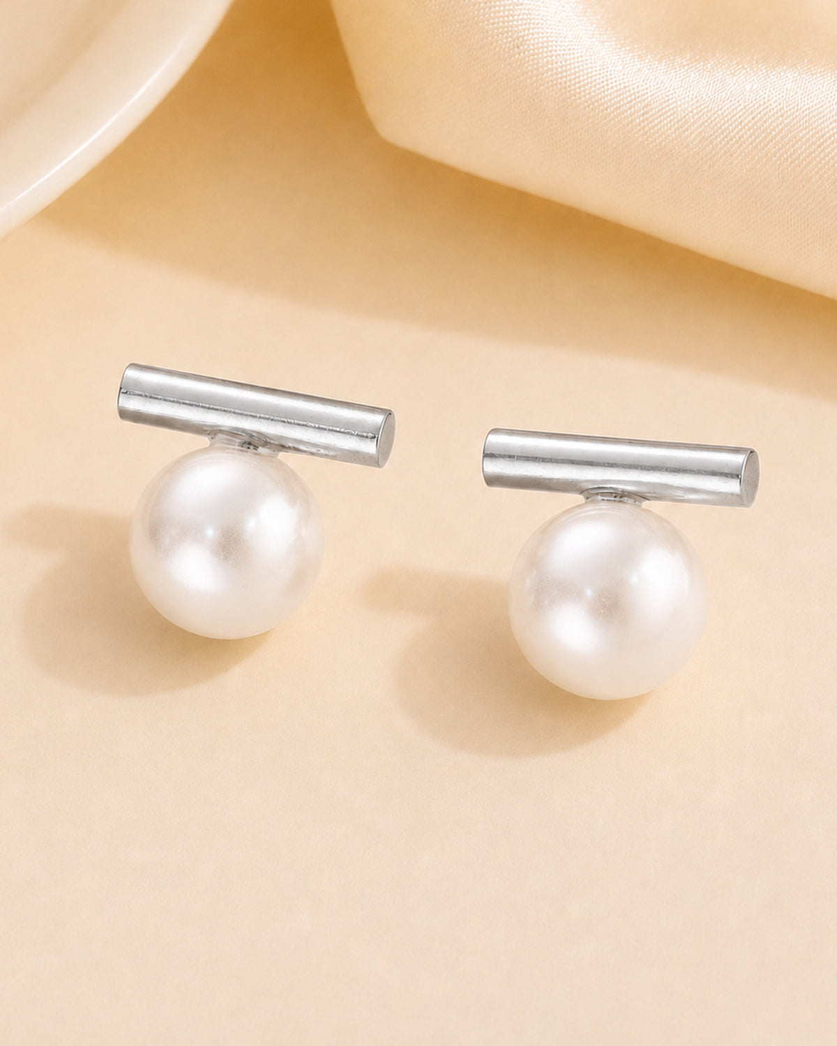 Minimal Pearl Bar Stud Earrings – Silver Finish