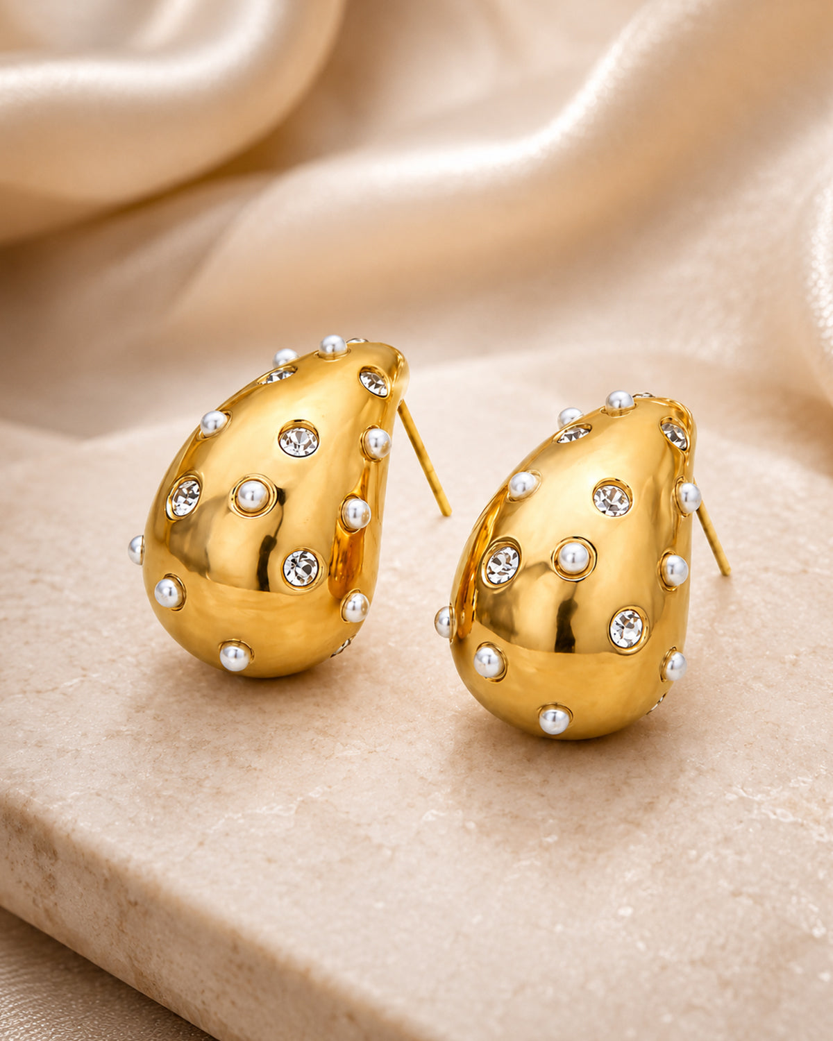 Pearl & Crystal Gold Teardrop Stud Earrings