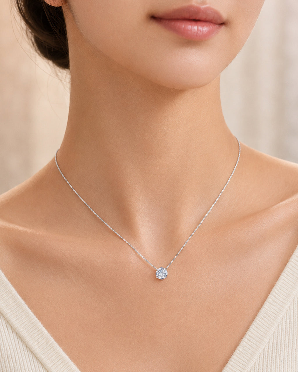 Classic Round Solitaire Crystal Necklace – White Gold Finish