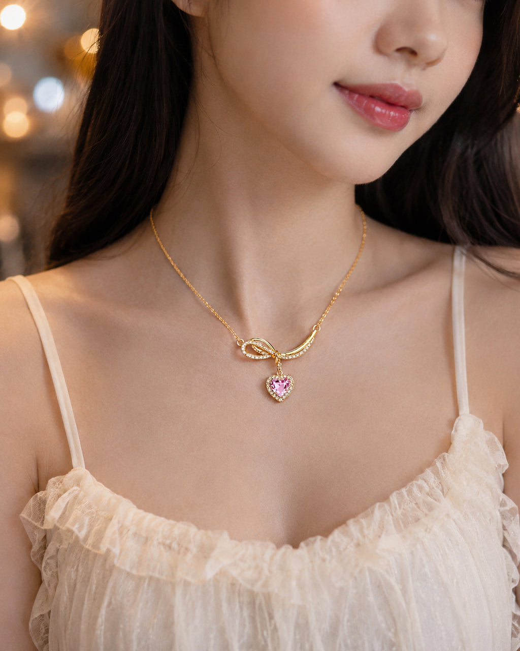 Pink Heart Bow Pendant Necklace