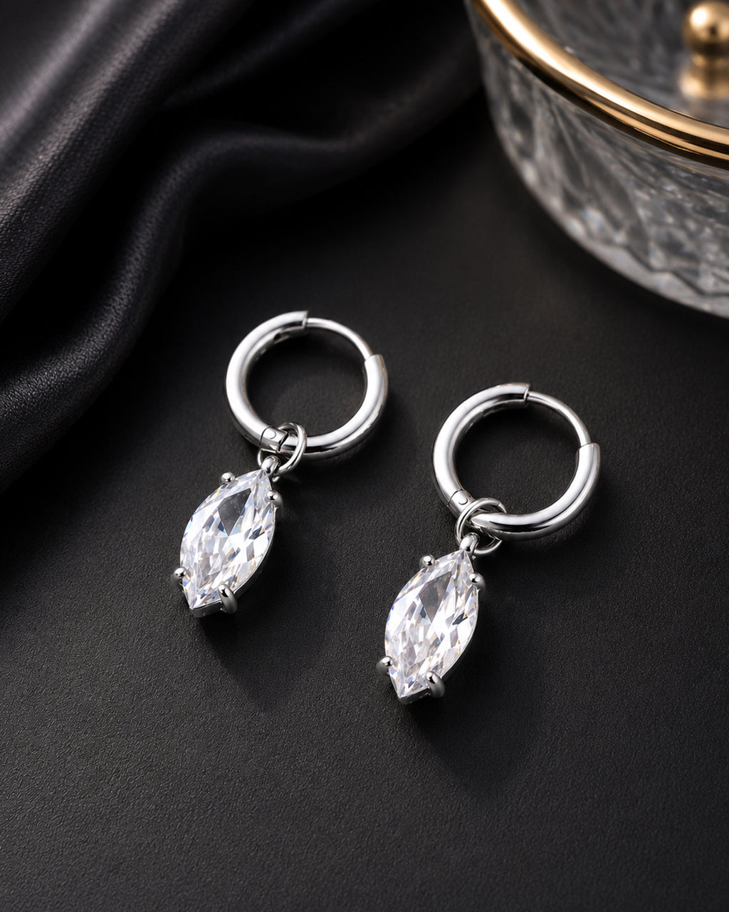 Silver Marquise Crystal Drop Hoop Earrings