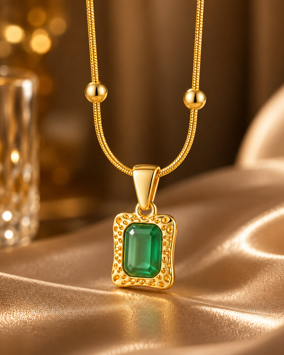 Emerald-Cut Green Pendant Beaded Necklace