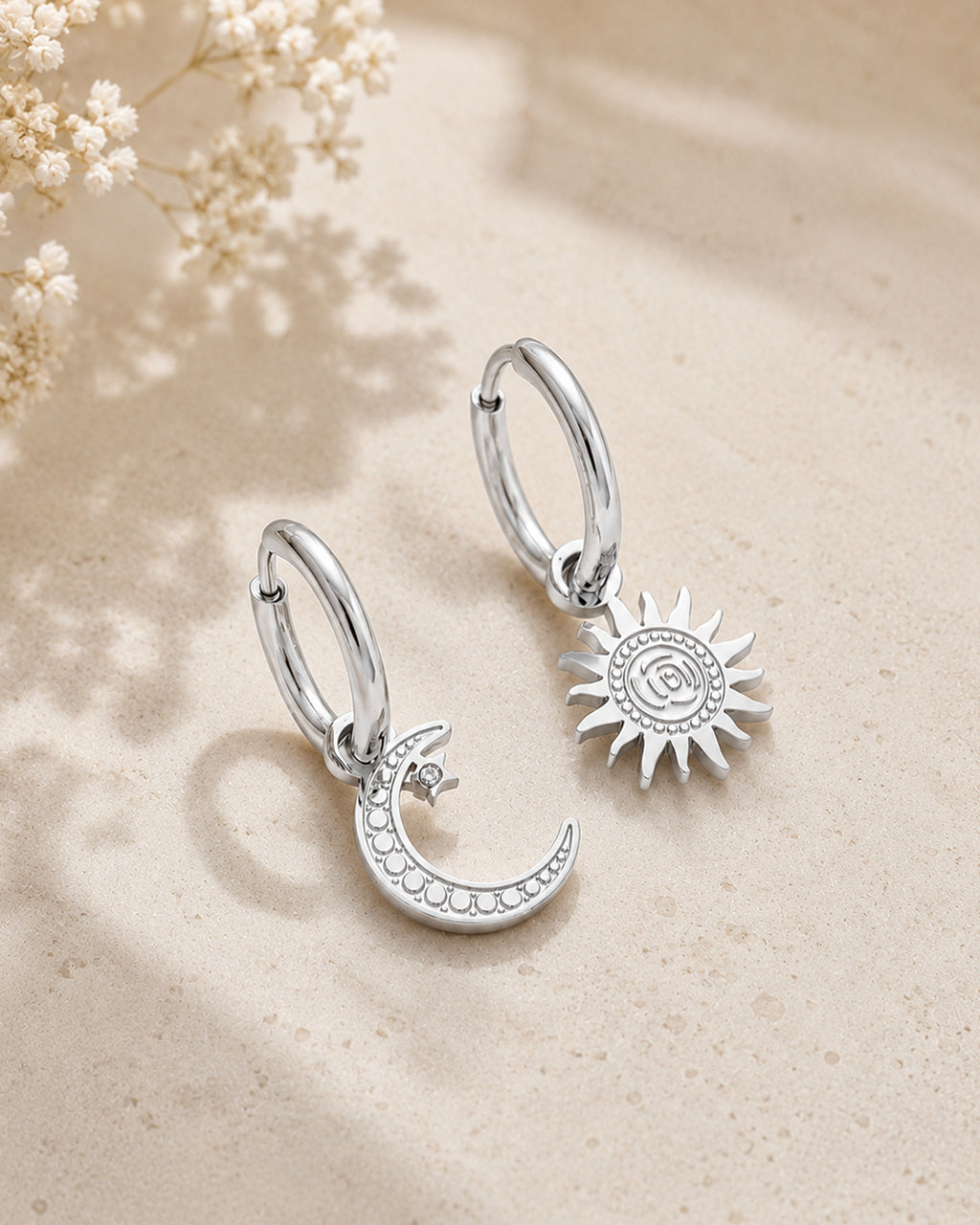 Silver Sun & Moon Charm Hoop Earrings
