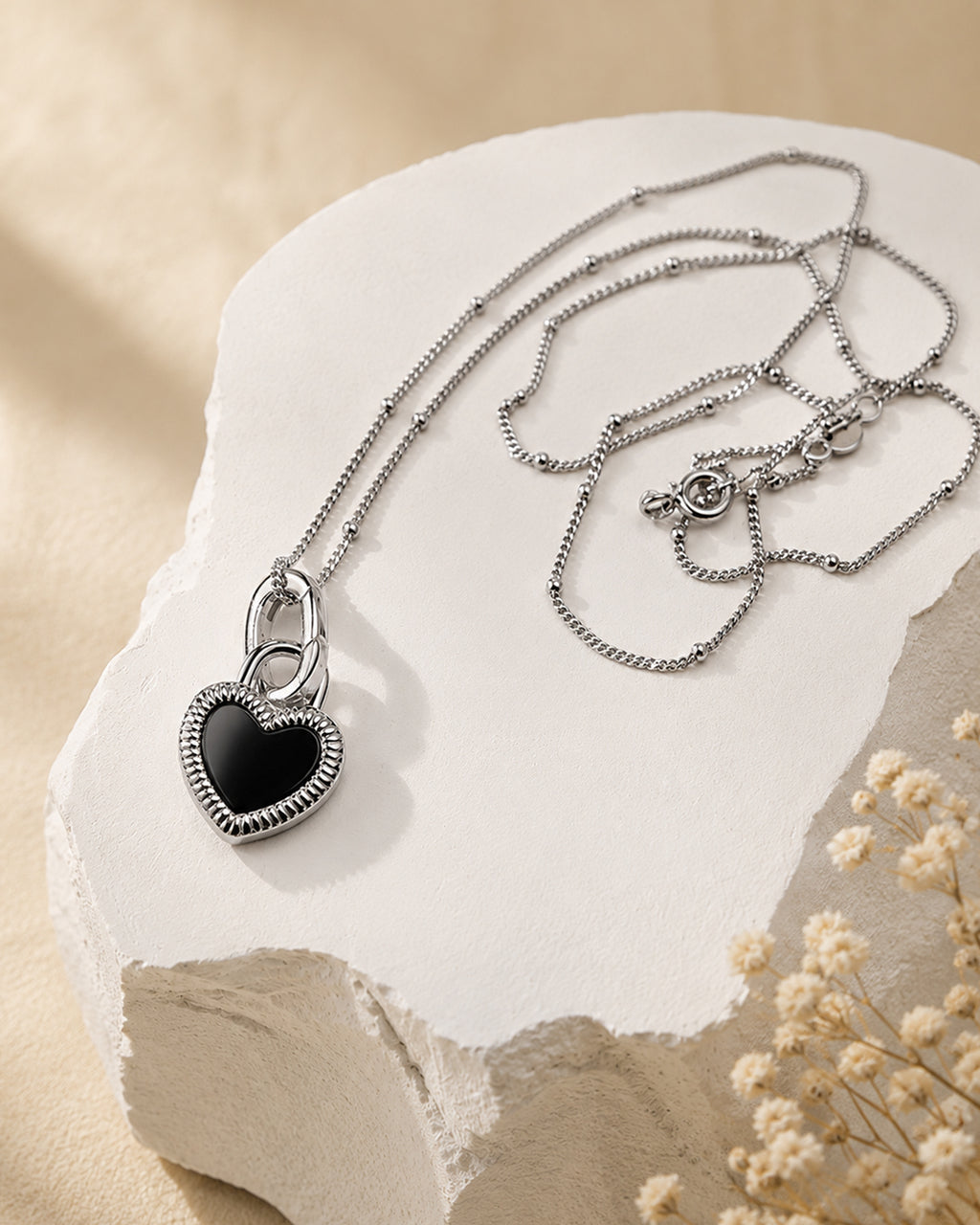 Silver Black Heart Pendant Necklace