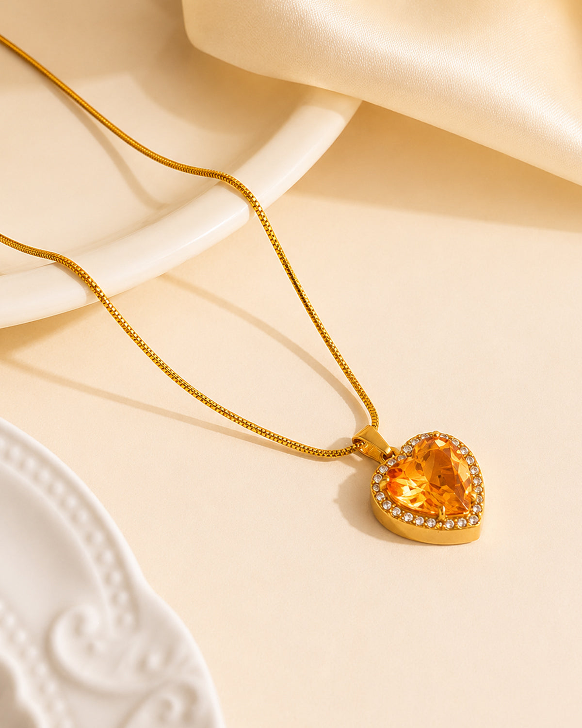 Heart Halo Pendant Necklace with Amber Centre Stone