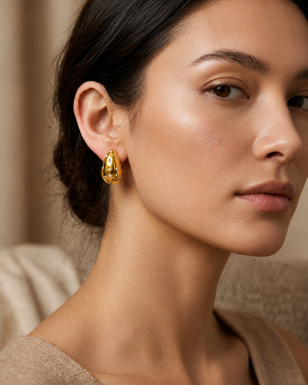 Crystal Studded Gold Teardrop Stud Earrings