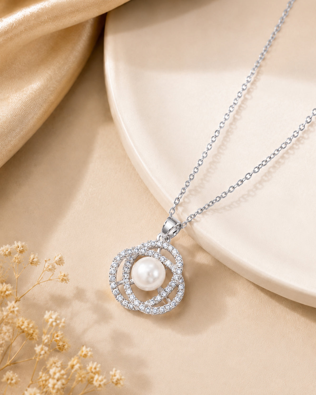 Elegant Pearl Swirl Pendant Necklace – Silver Finish