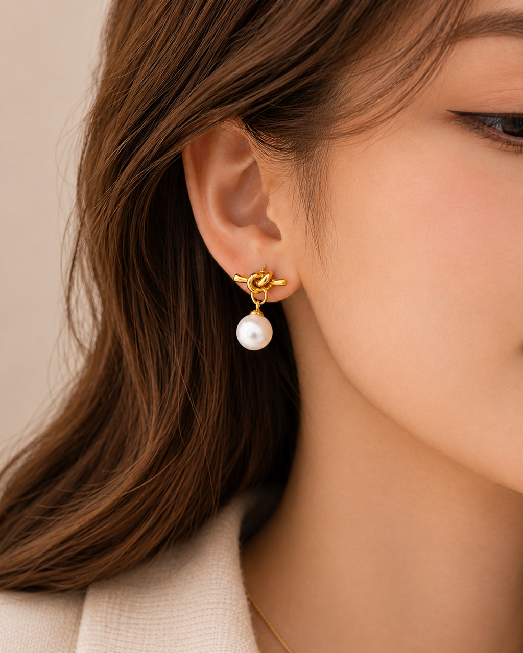 Gold Knot Pearl Drop Stud Earrings
