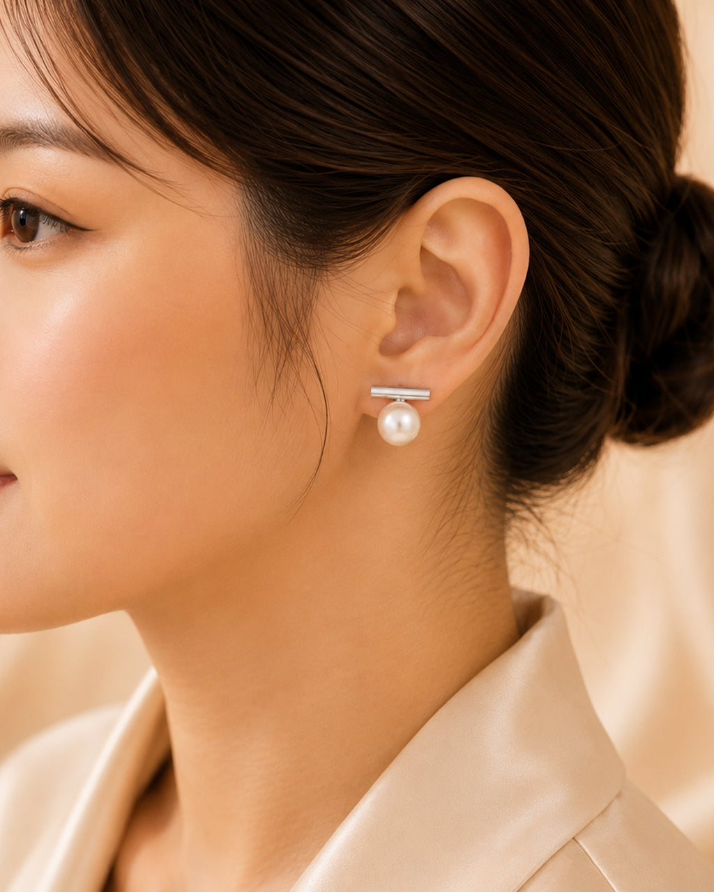 Minimal Pearl Bar Stud Earrings – Silver Finish