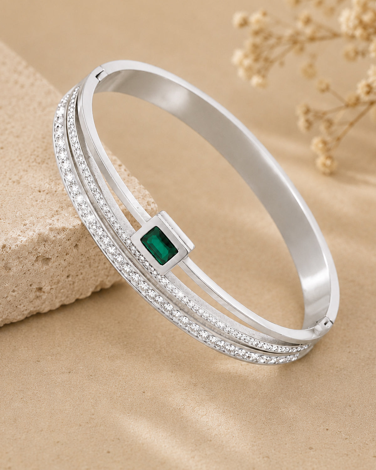 Emerald Accent Open Cuff Bracelet – Silver Tone