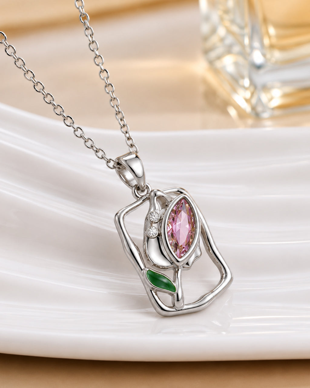 Abstract Pink Floral Frame Pendant Necklace – Silver Finish
