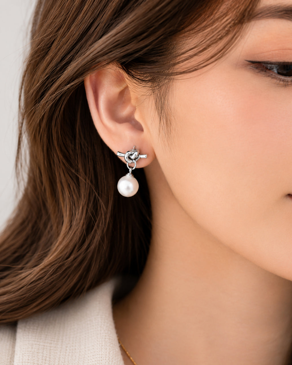 Silver Knot Pearl Drop Stud Earrings
