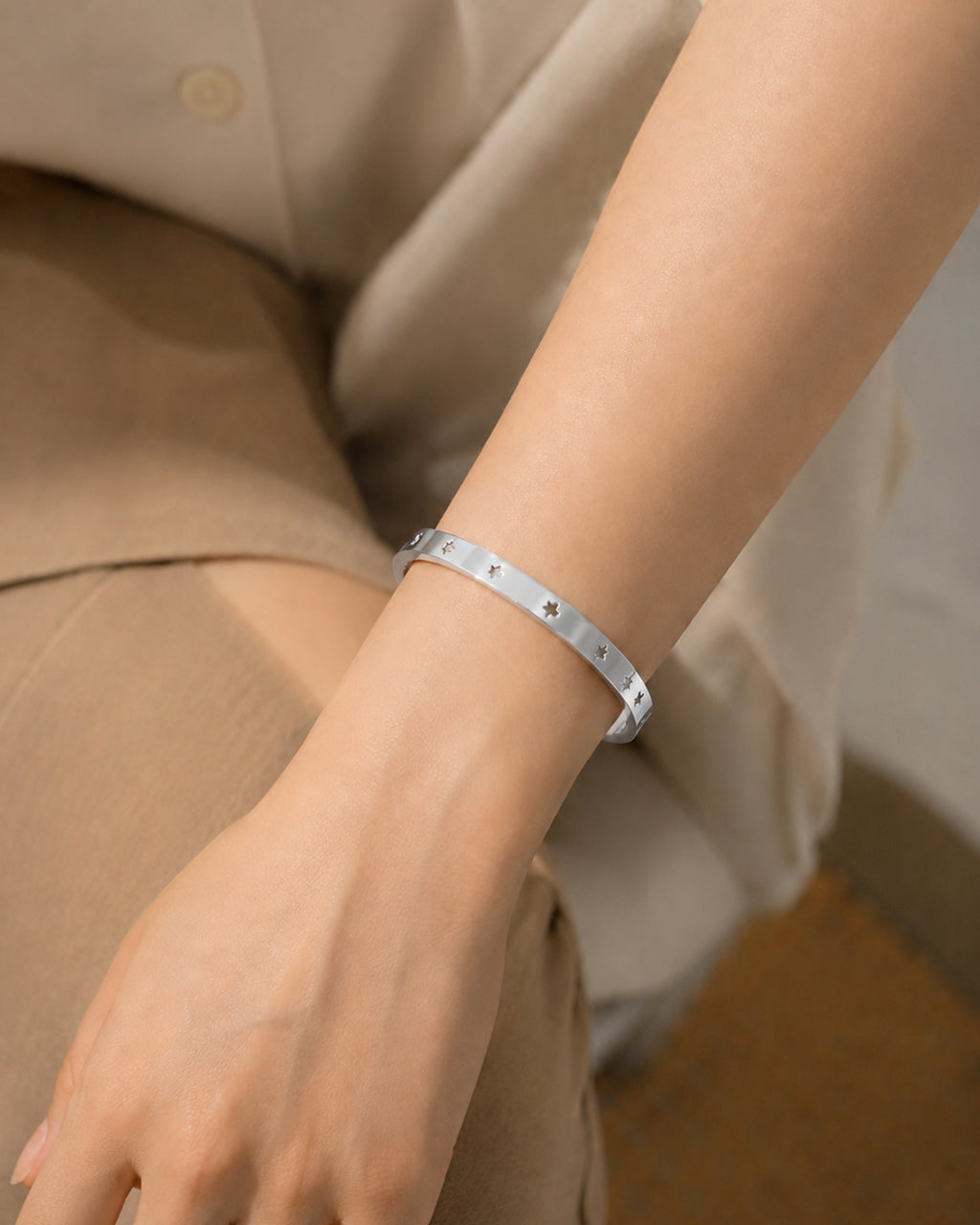 Silver Star Engraved Minimalist Cuff Bangle Bracelet